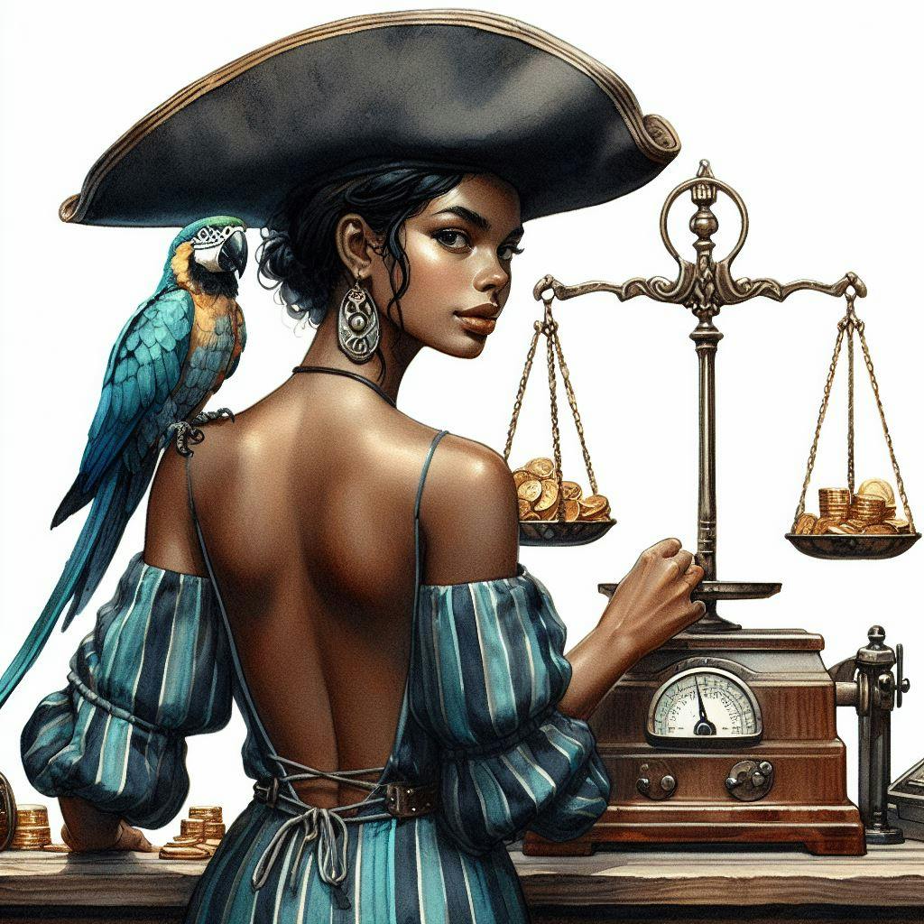 a dark skin pirate woman, with short dark hair and a wide round hat in a blue low top open back dress with thin vertical blue and teal stripes with a small parrot on her arm sitting behind wooden desk weighting gold coins on an old fashioned scale, camera centered front facing, watercolor