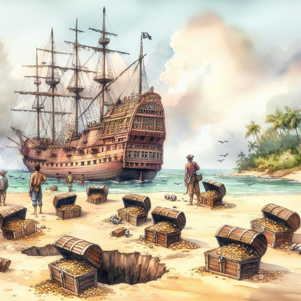pirates loading treasure chests from tropical island onto the ship, huge hole near the chests, some chests are still buried in the sand, some open treasure chests filled with gold are visible on the ship, view from the beach to the ship, day, warm, cumulus clouds, watercolor