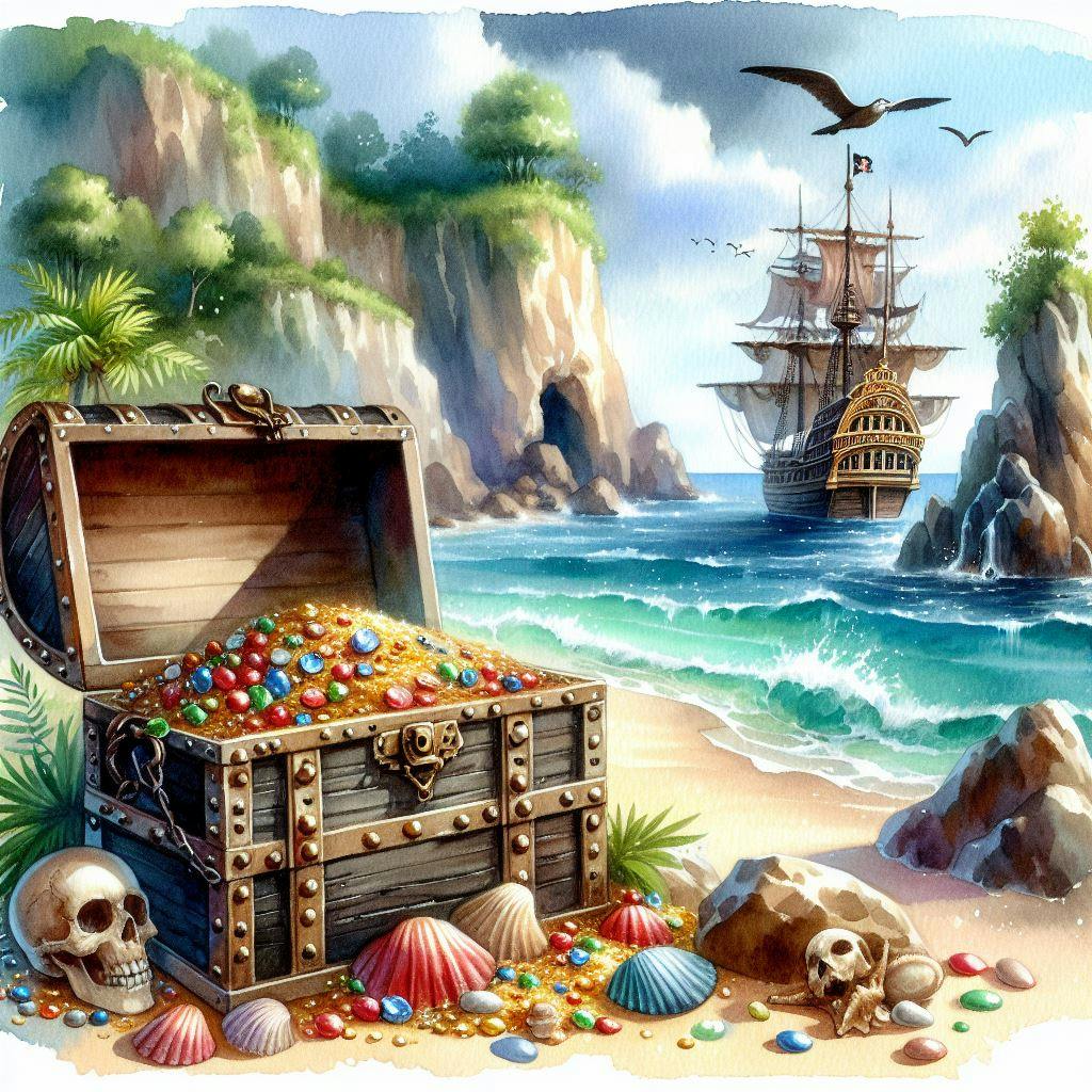 open treasure chest on a beach with a small cave to the left and a pirate ship at the sea in the background, watercolor style
