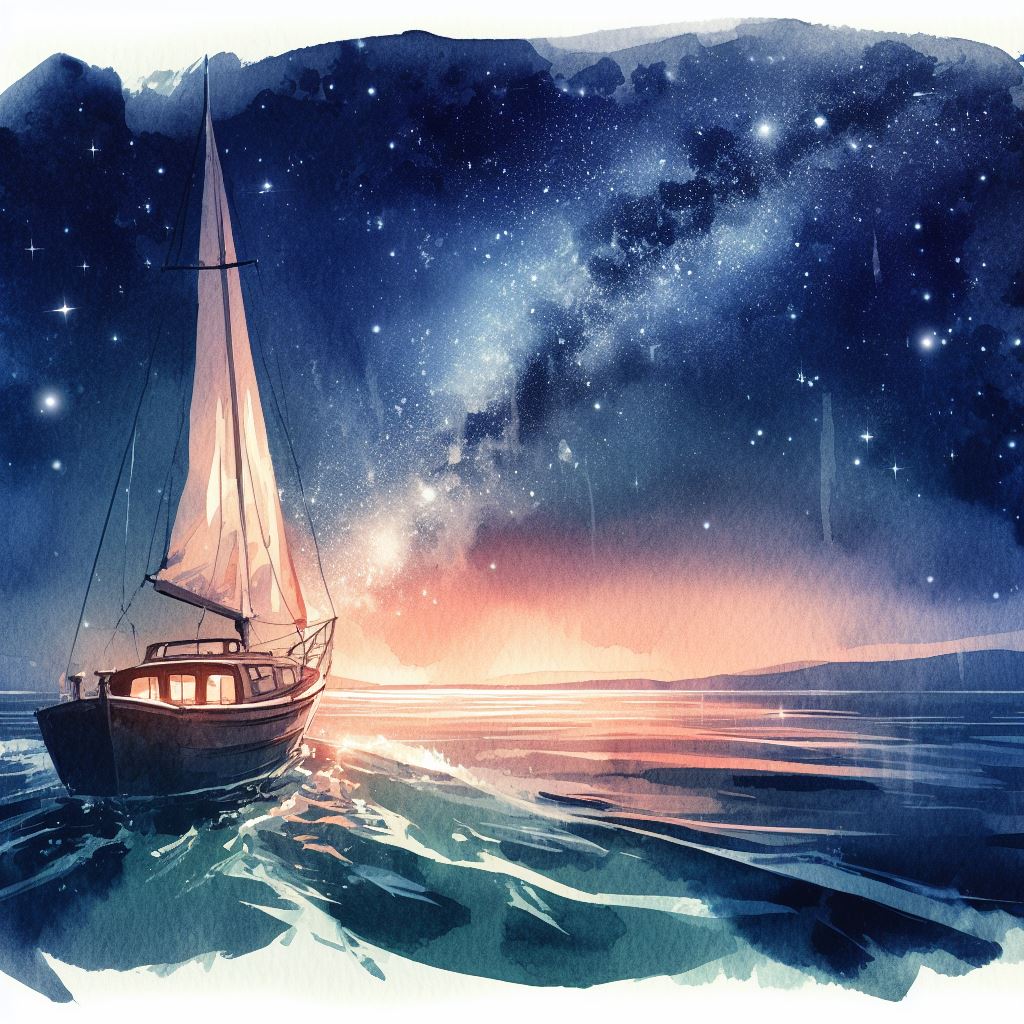 Boat sailing into the night with starry sky overhead, with milky way visible boat is slightly lighted with last sun rays. Wide angle. Watercolor style.