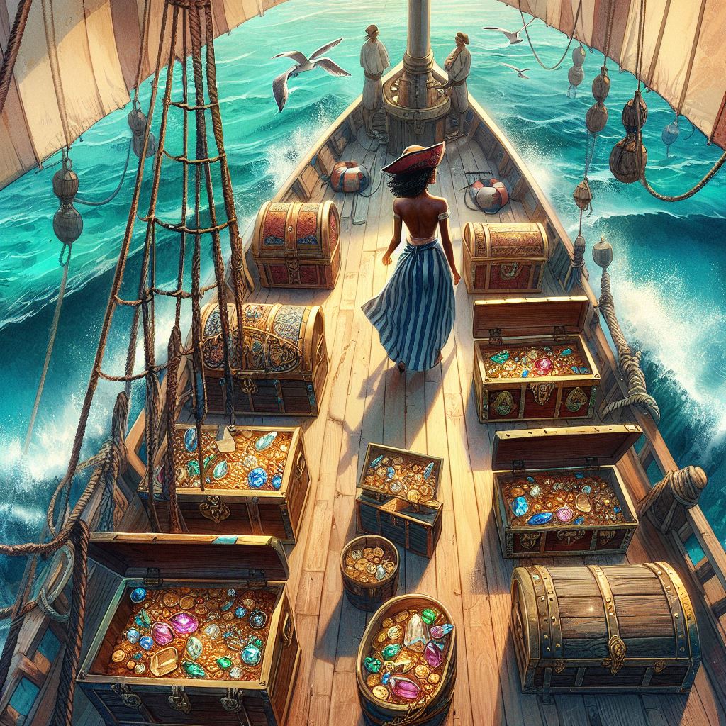 pirate ship filled with gold chests, open chests with jewels and gold coins and gems, a lone dark skinned woman in a dress with a hat on board faces the sea in front, back to the camera, ship in tropical waters, camera from birds eye view on the deck, watercolor