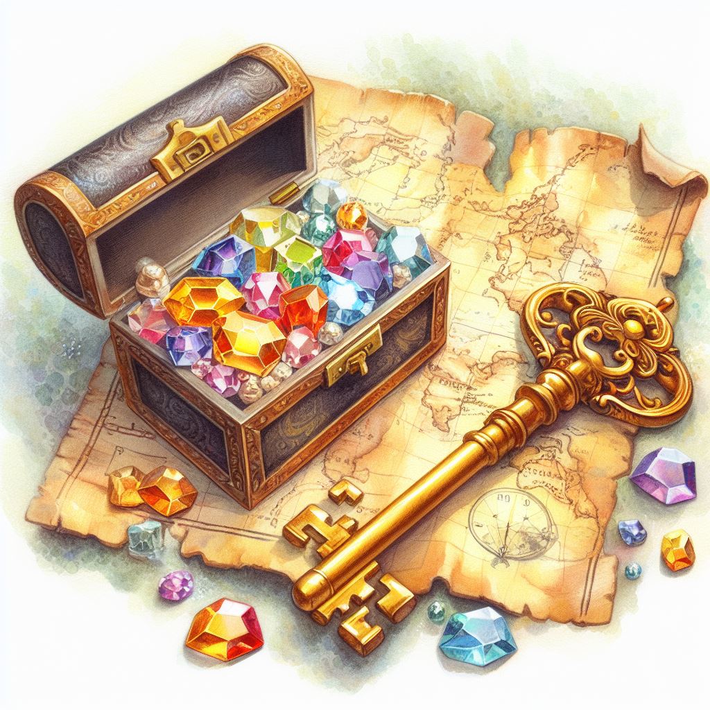 single key and map pointing a way to the open treasure filled with gold and precious stones in watercolor